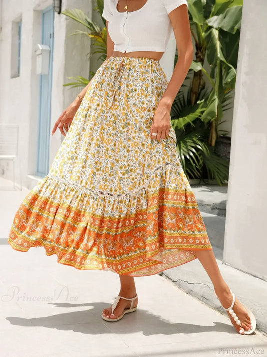 High Waist Floral Beach Skirt A-line Ruffled Lace Holiday Maxi
