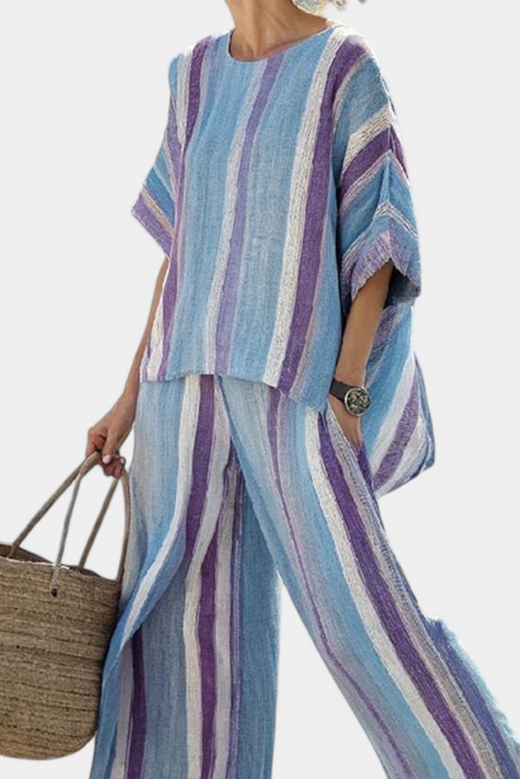 Ginevra — Elegant top in pastel mauve and striped linen pants