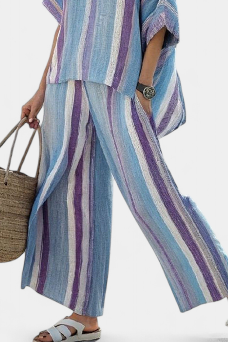Ginevra — Elegant top in pastel mauve and striped linen pants