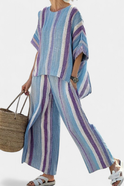 Ginevra — Elegant top in pastel mauve and striped linen pants