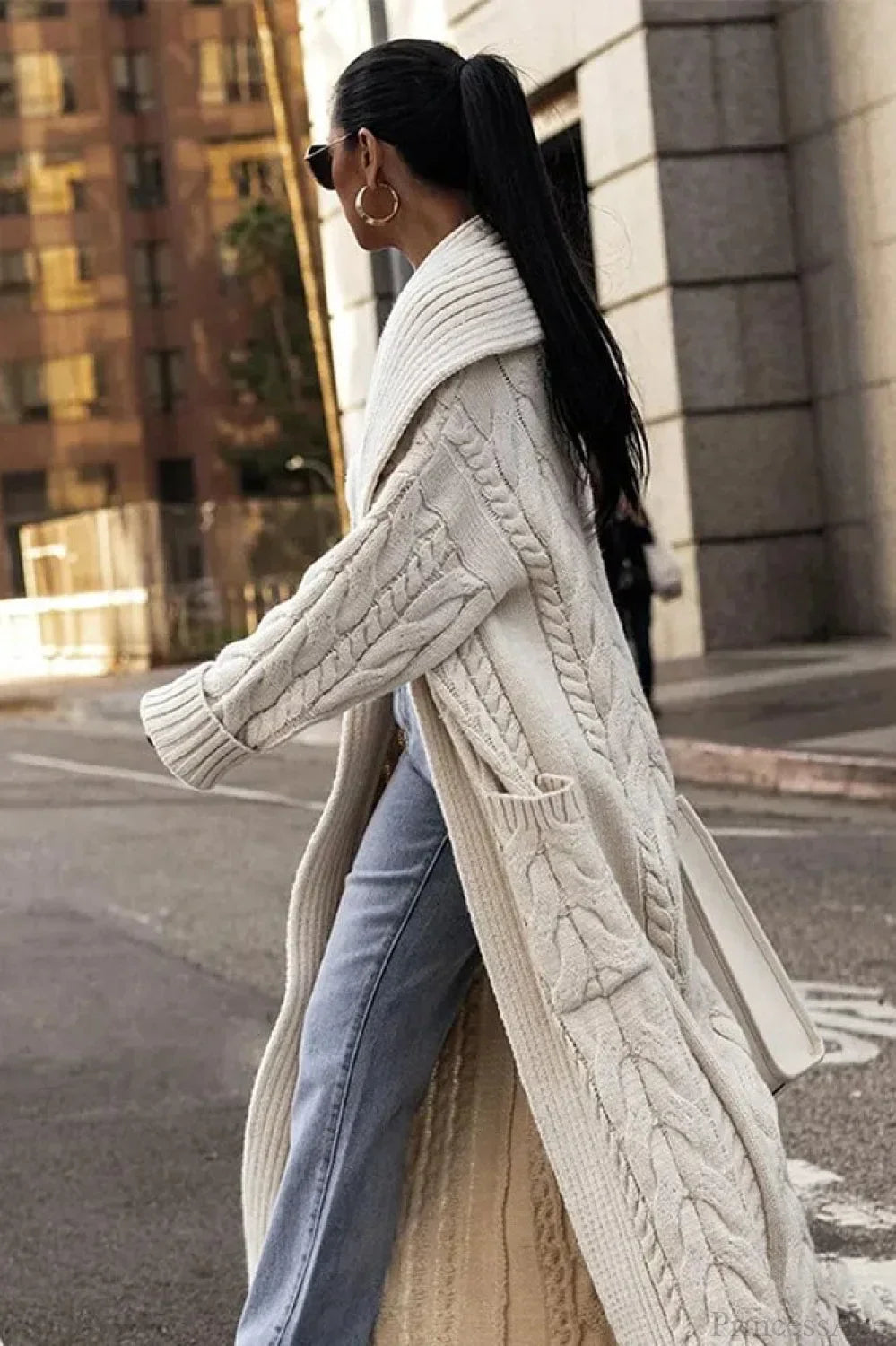 Knitted White Lapel Woolen Double Pocket Overcoat