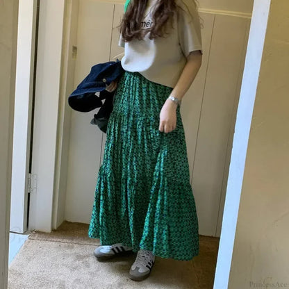 Korean Style Casual Classic Ladies Maxi Floral Skirt Loose A-line