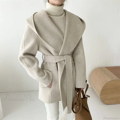 Lace-Up Woolen Hooded Jacket Overcoat