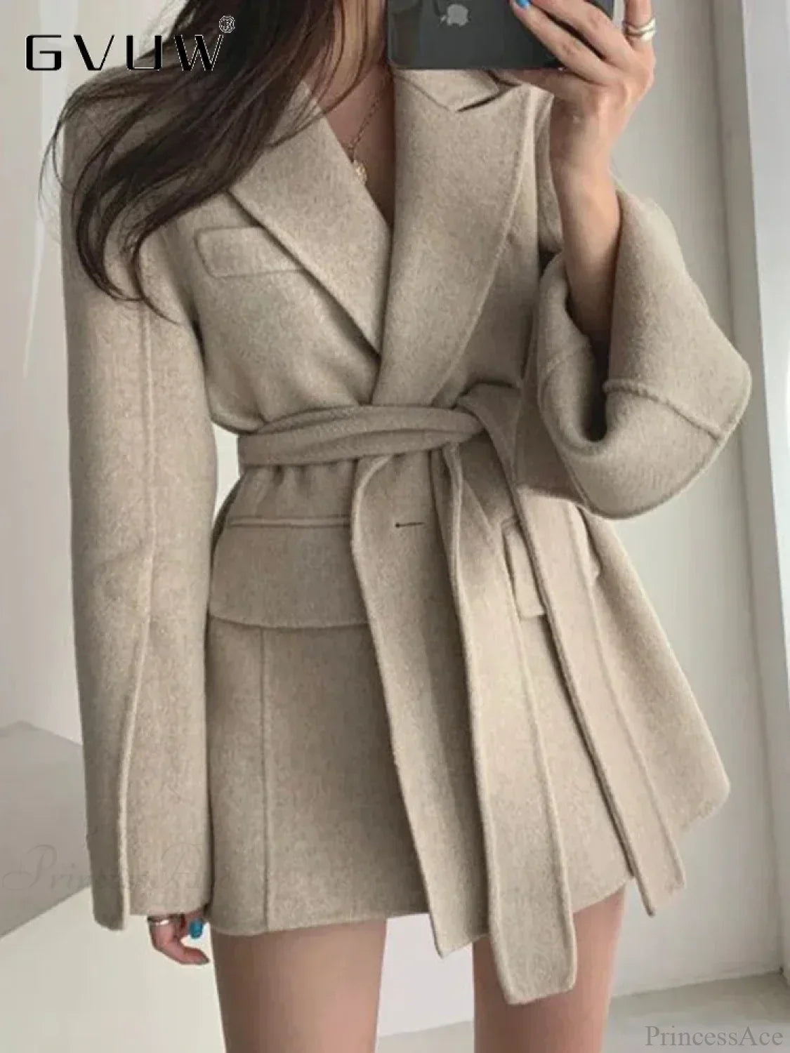 Lapel Belted Spliced Pockets Overcoat