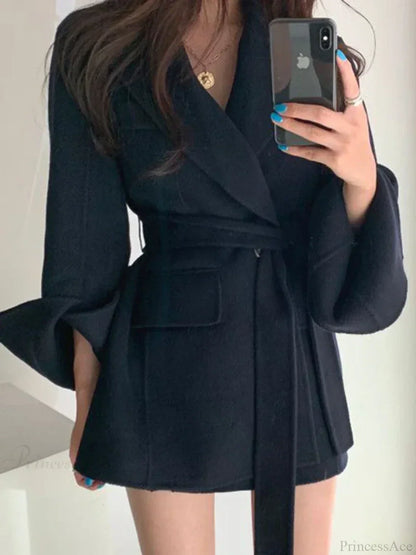 Lapel Belted Spliced Pockets Overcoat