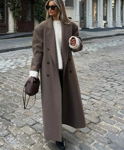 Lapel Woolen Double-Breasted Shoulder Pad Overcoat