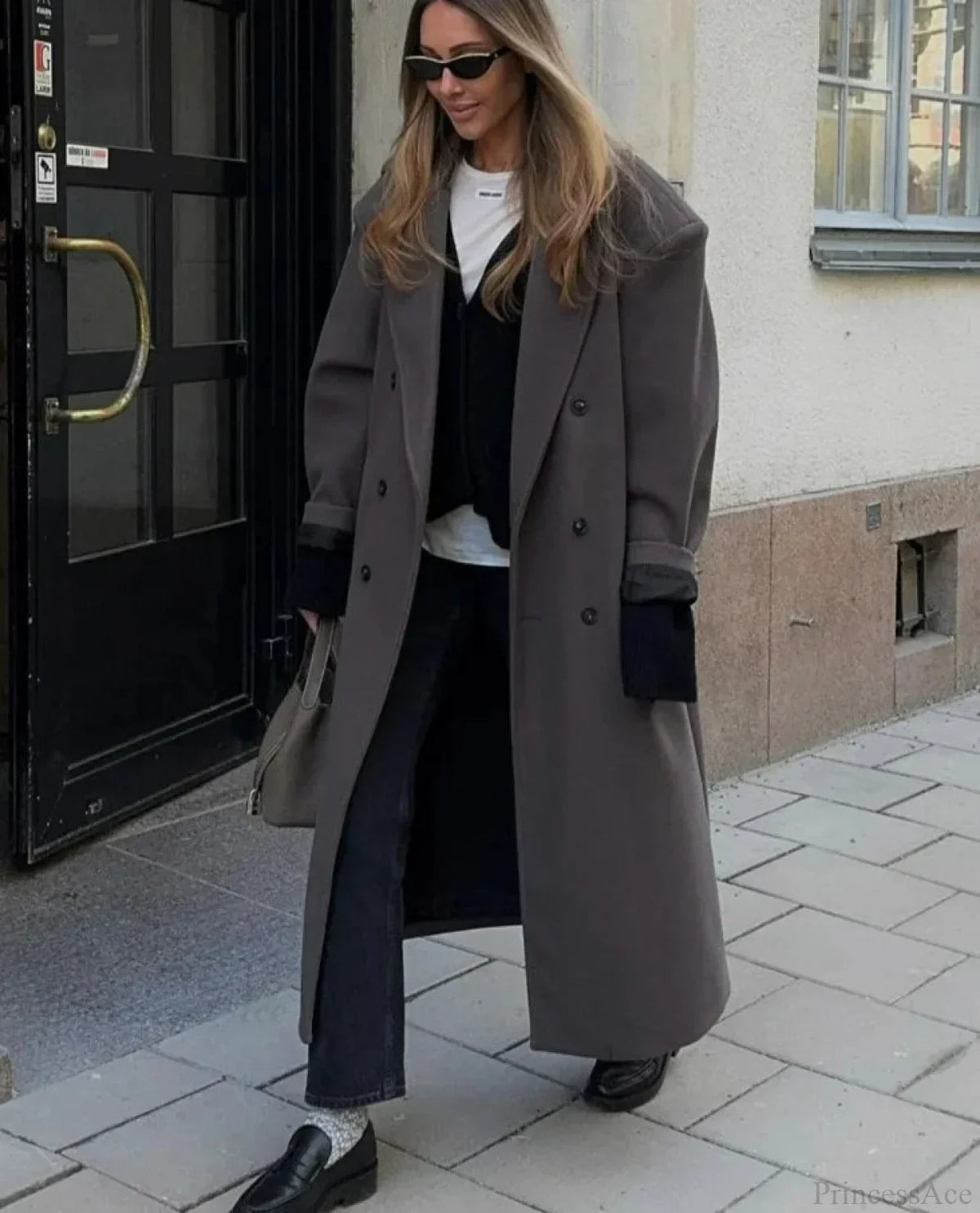 Lapel Woolen Double-Breasted Shoulder Pad Overcoat