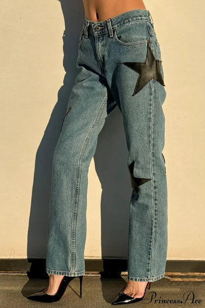 Leather Star Patchwork Straight Leg Jeans