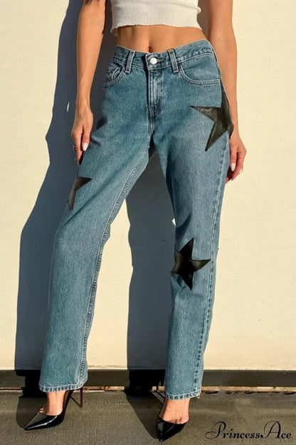 Leather Star Patchwork Straight Leg Jeans