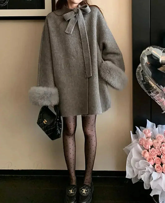 Loose Fit Woolen Cloak Tweed Overcoat