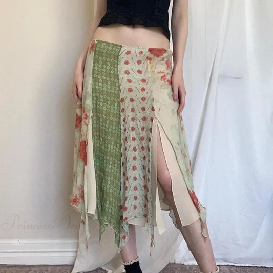 Low Waist Boho Skirts Irregular Length Floral Chiffon Vacation