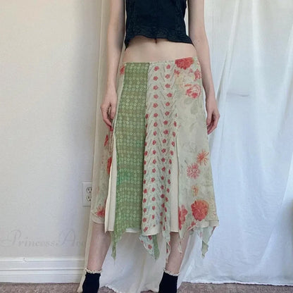 Low Waist Boho Skirts Irregular Length Floral Chiffon Vacation