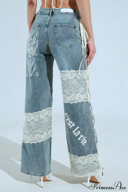 Low Waist Lace Panel Straight Stylish Jeans