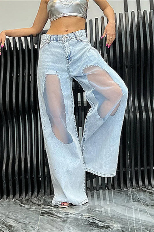 Low Waist Ripped Mesh Panel Wide Leg Jeans