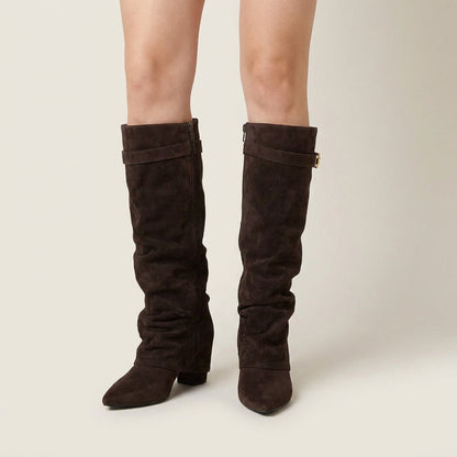 Botas Altas Efecto Ante con Tacón Bajo para Mujer