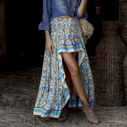 Maxi Skirt High Waist Irregular Hem Flower Print Bohemian