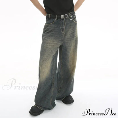 Old Male Pants Summer Blue Washed Denim Casual Menwear Wide Leg Trousers 2024 New Fashion Jeans