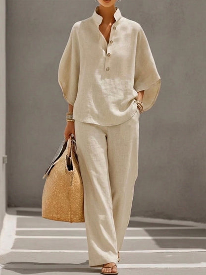 Mariel | Two-piece linen effect set with batwing sleeves and fluid pants