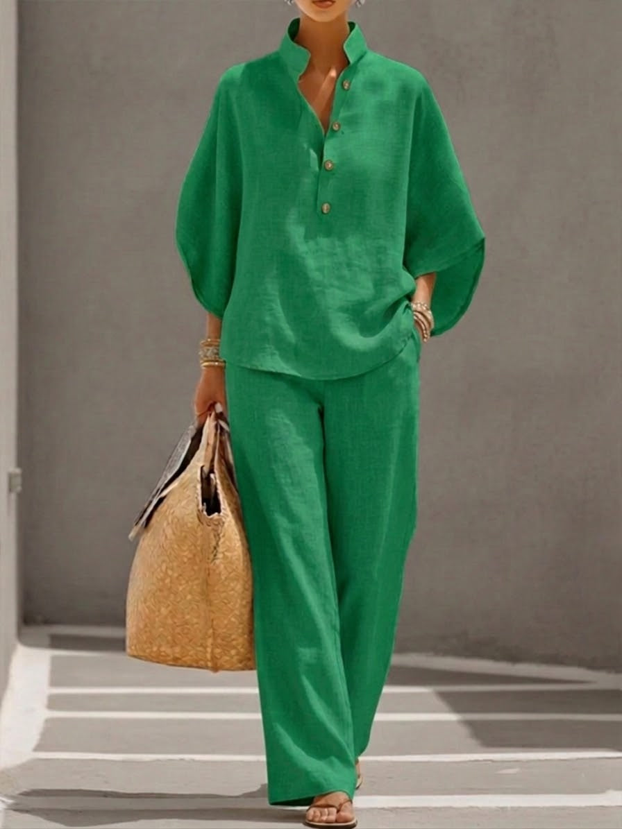Mariel | Two-piece linen effect set with batwing sleeves and fluid pants