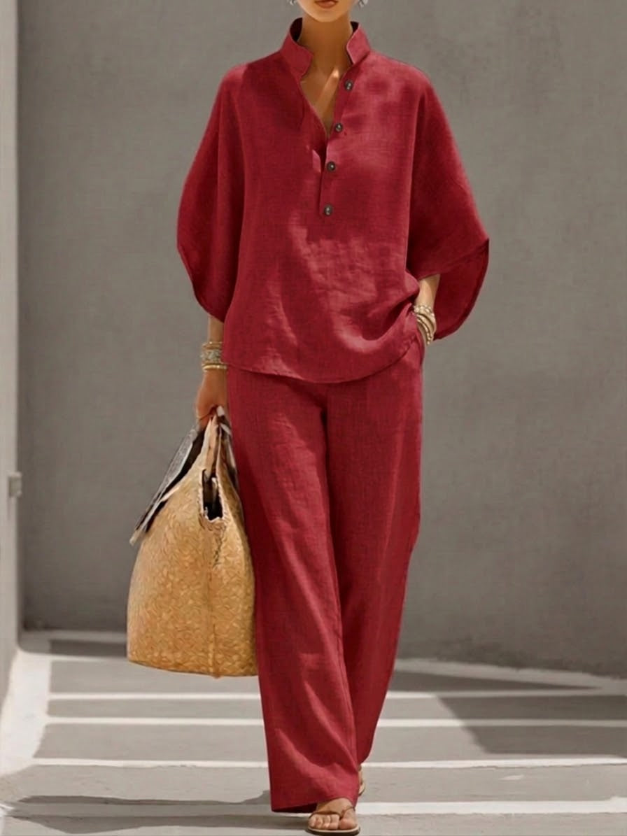 Mariel | Two-piece linen effect set with batwing sleeves and fluid pants