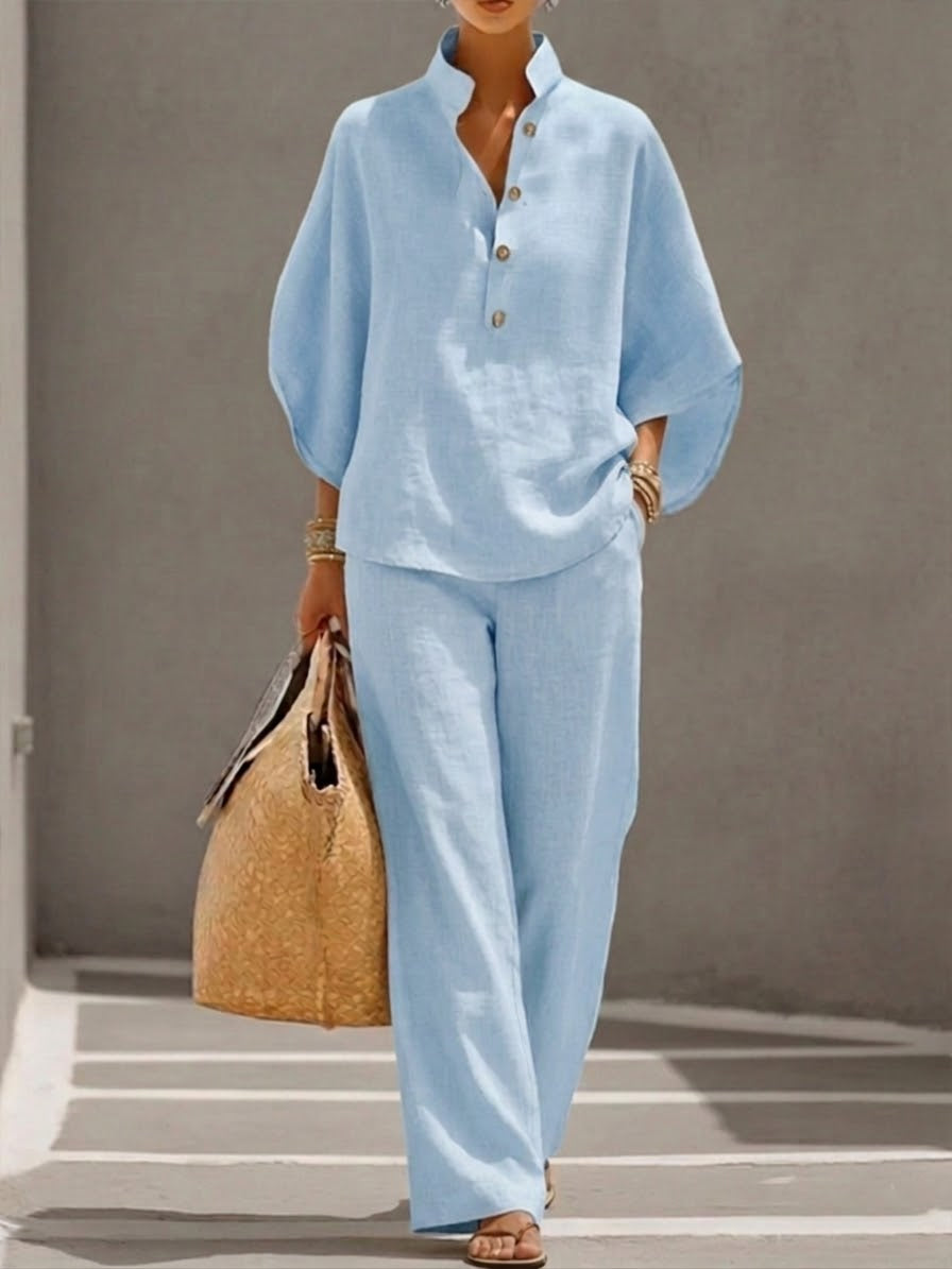 Mariel | Two-piece linen effect set with batwing sleeves and fluid pants