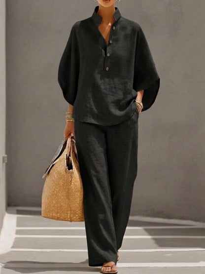 Mariel | Two-piece linen effect set with batwing sleeves and fluid pants