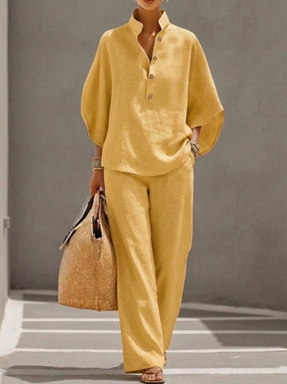 Mariel | Two-piece linen effect set with batwing sleeves and fluid pants