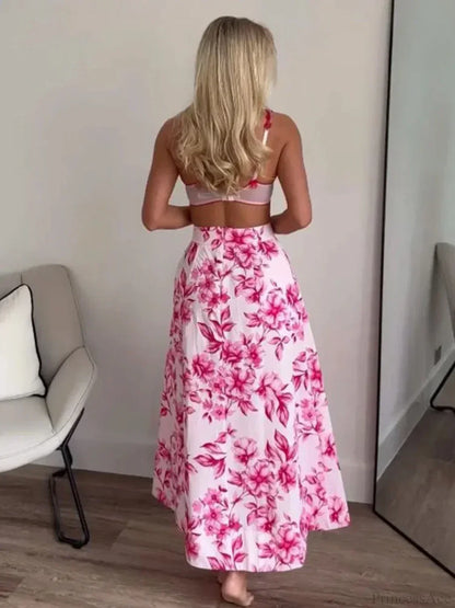 Pink Floral Printed Casual Pleated Skirt High Waist Zip