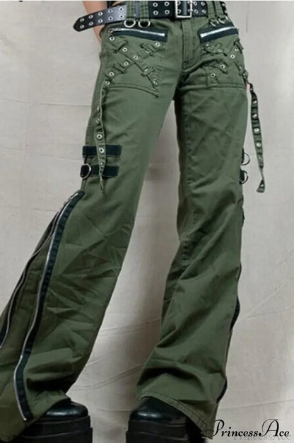 Punk Flared Low Waist Zipper Split Cargo Pants