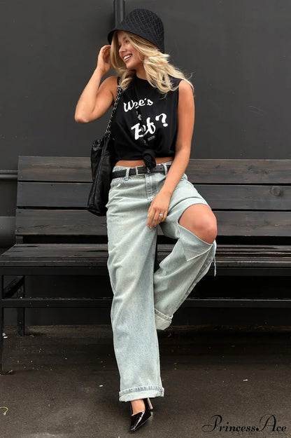 Retro Distressed Wide Leg Straight Floor Length Jeans