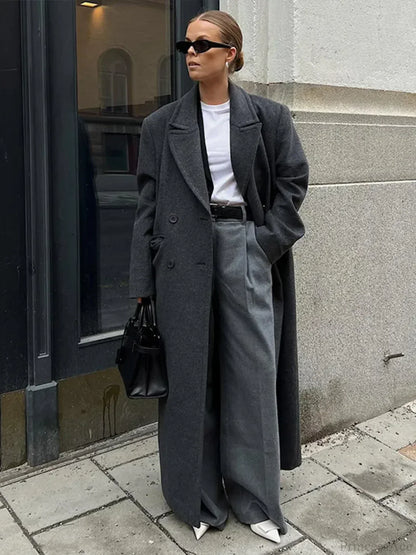 Ribbed Woolen Double-Breasted Overcoat