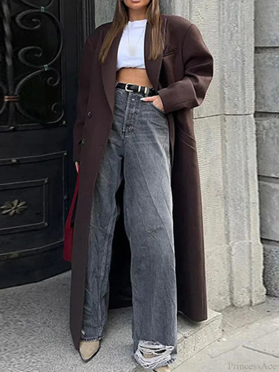 Ribbed Woolen Double-Breasted Overcoat