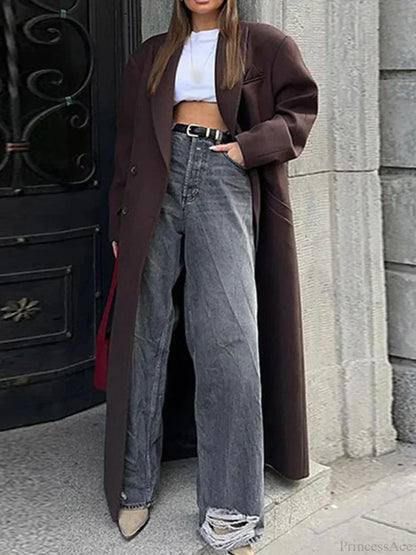 Ribbed Woolen Double-Breasted Overcoat