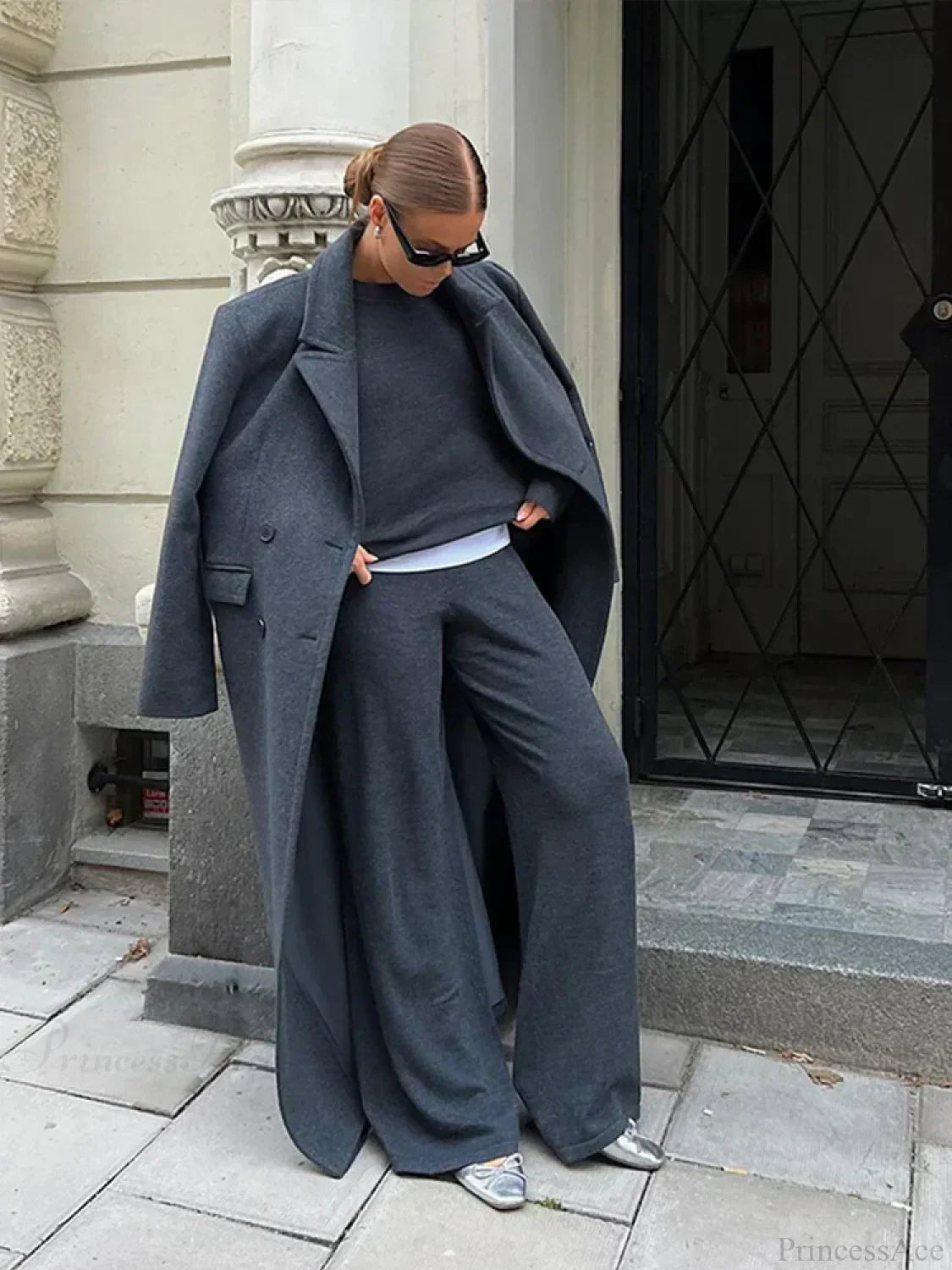 Ribbed Woolen Double-Breasted Overcoat
