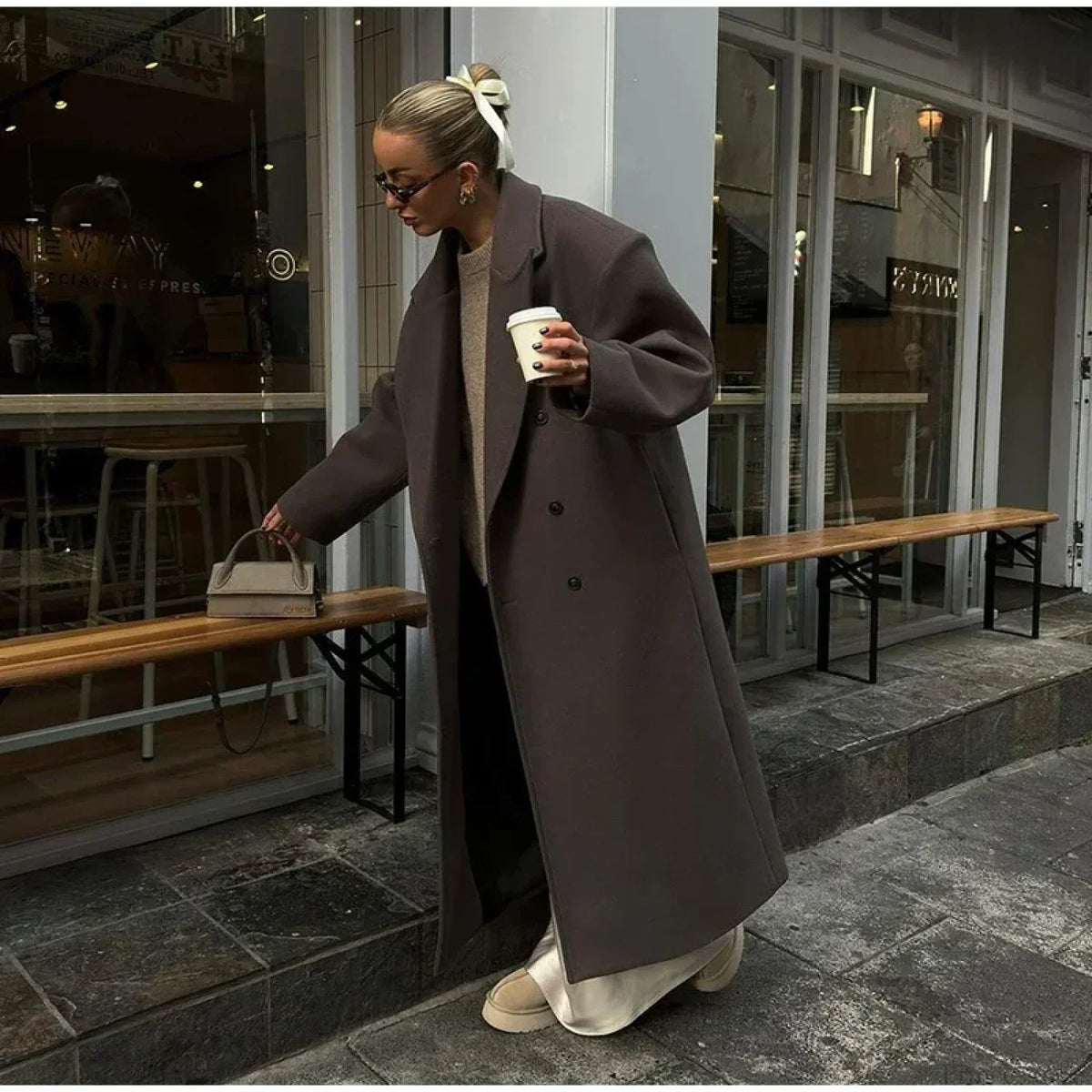 Ribbed Woolen Double-Breasted Overcoat