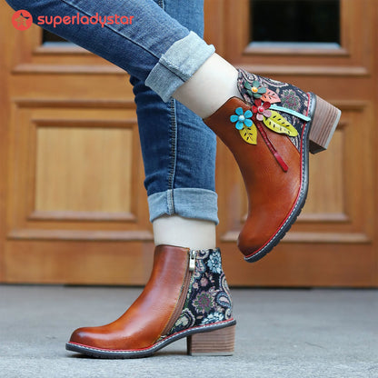 Vintage Handmade Leather Floral Ankle Boots