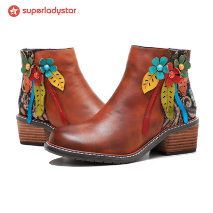 Vintage Handmade Leather Floral Ankle Boots