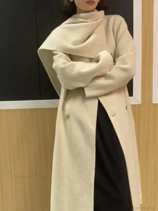 Scarf Collar Double-Breasted Wool Overcoat