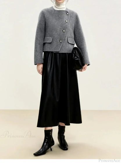 Short Wool Crew Neck Single-Breasted Overcoat