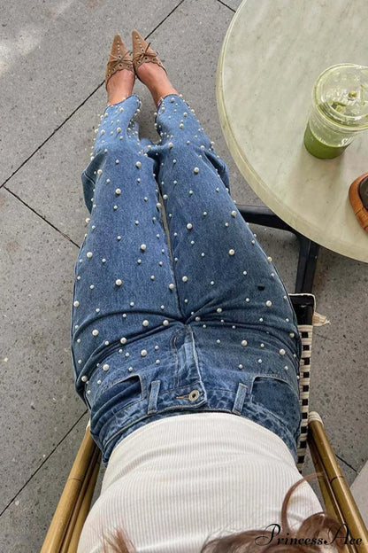 Slanted Waist Crisscross Beaded Frayed Straight Leg Jeans
