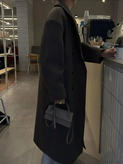 Solid Double-Breasted Turn-Down Overcoat