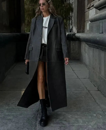 Solid Leather Lapel Single-Breasted Overcoat