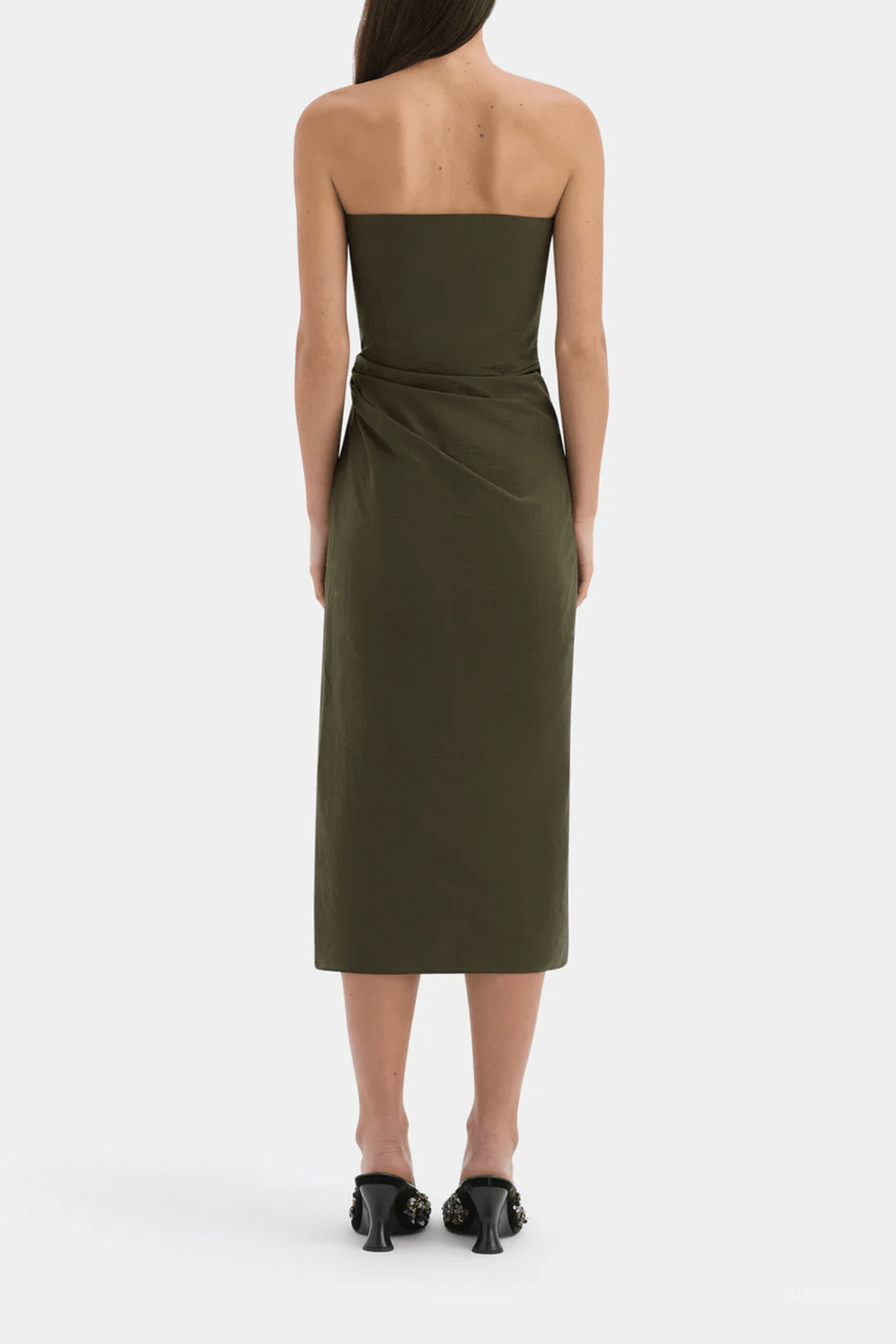 Sorel Strapless Midi Dress in Dark Olive