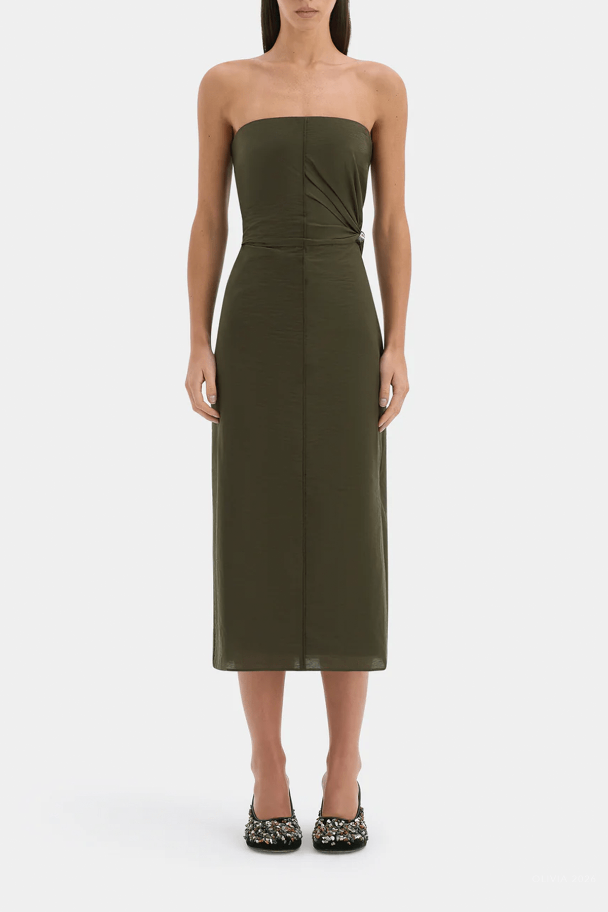 Sorel Strapless Midi Dress in Dark Olive