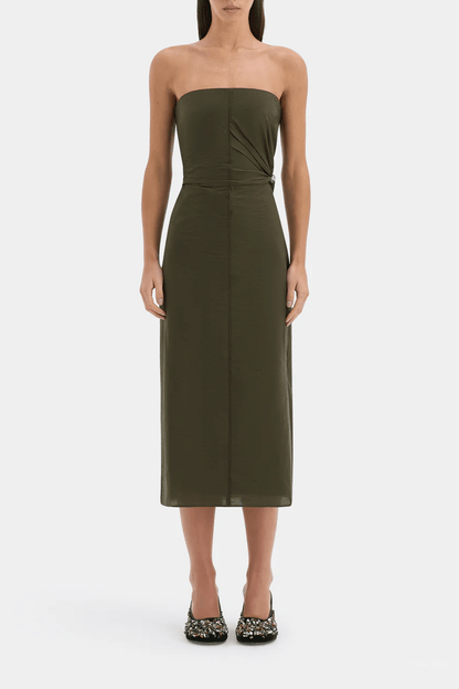 Sorel Strapless Midi Dress in Dark Olive