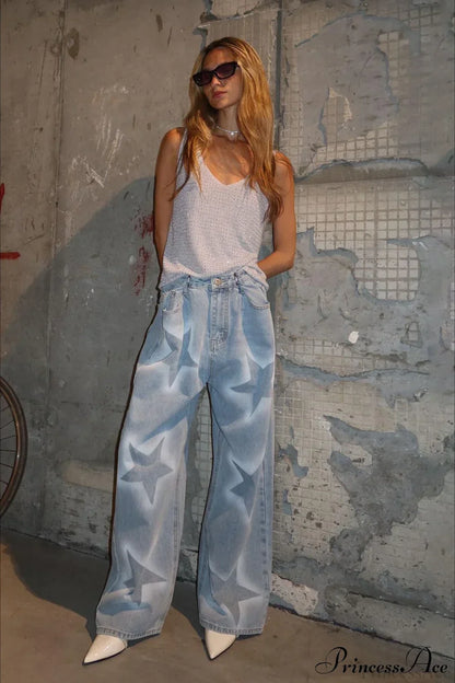 Star Print Loose Straight Waist Adjuster Jeans