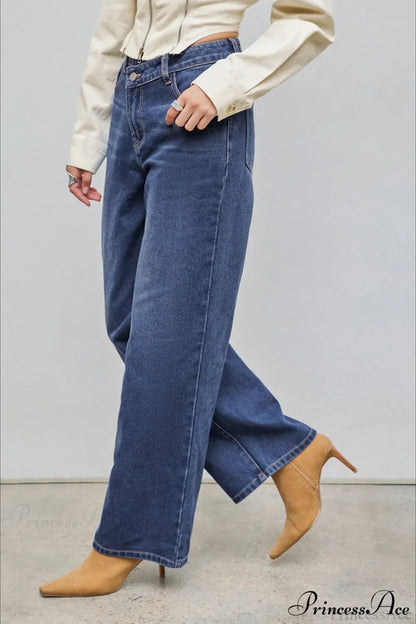 Straight Relaxed Asymmetrical Button Jeans