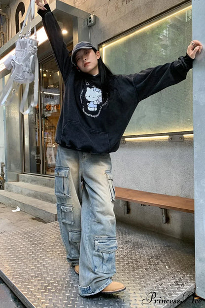 Street Denim Patchwork Pocket Cargo Pants