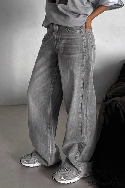 Street Vintage Smoky Gray Washed Wide Leg Jeans