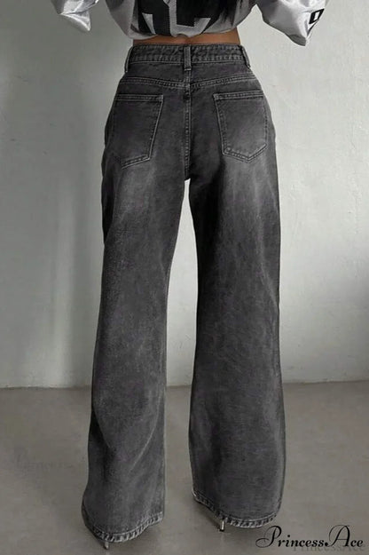 Street Vintage Smoky Gray Washed Wide Leg Jeans